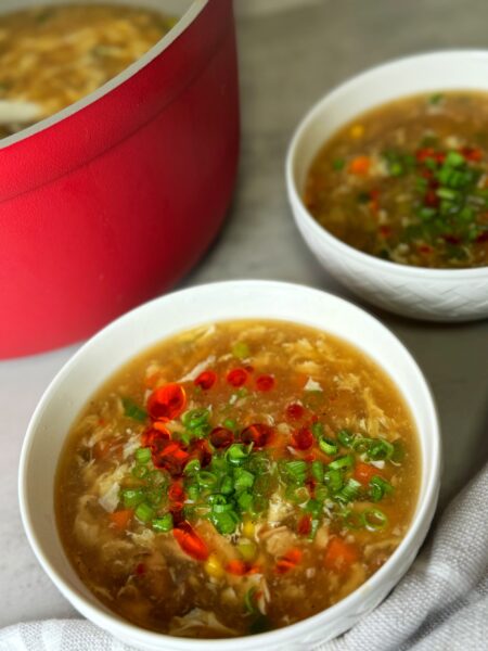 hot and sour soup made with chicken and vegetables