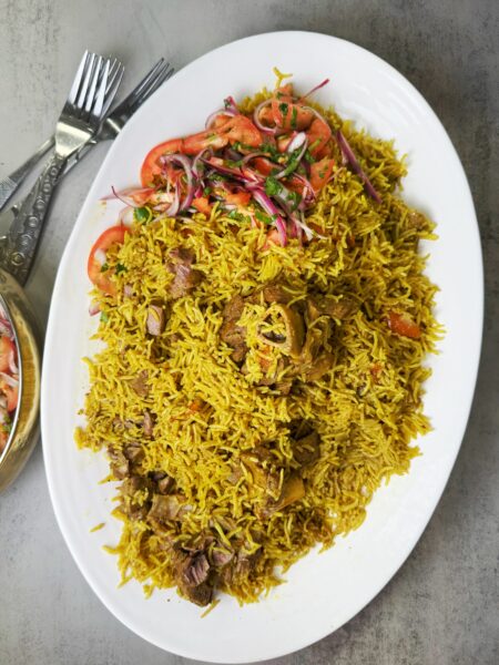 A meat and rice dish made in the oven with the biryani spices