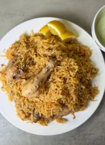 A chicken and rice dish made in the Instant Pot with minimal spices in Pakistani style