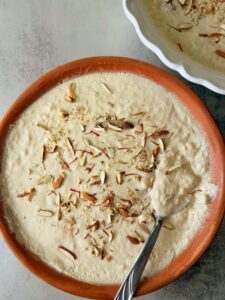 A rice and milk pudding made with caramelized sugar that is famous in Peshawar