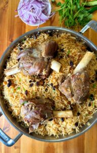 Peshawari Pulao made with fall apart pieces of lamb or beef and fragrant rice